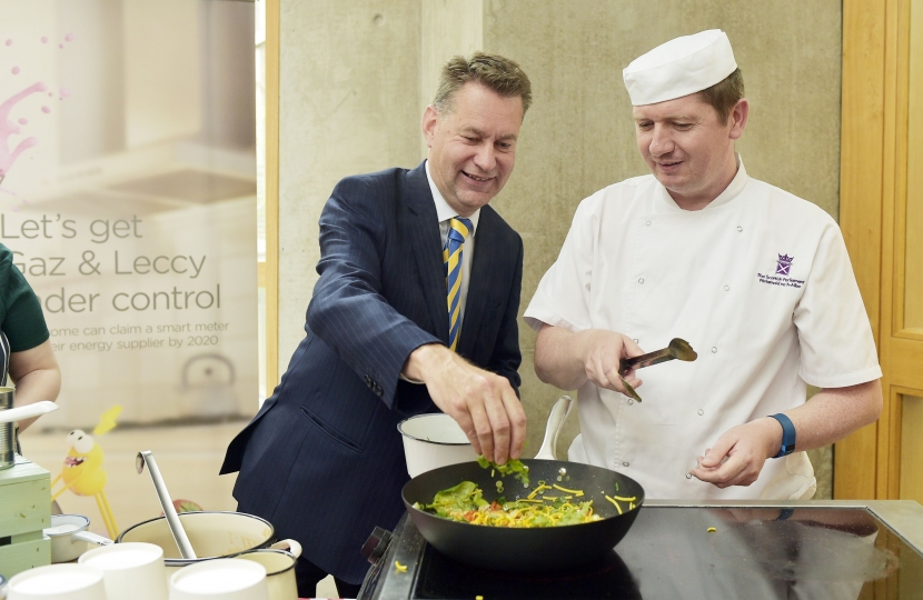 Murdo Fraser MSP with Scottish Parliament Executive Chef Liam MacDonough, smart cooking