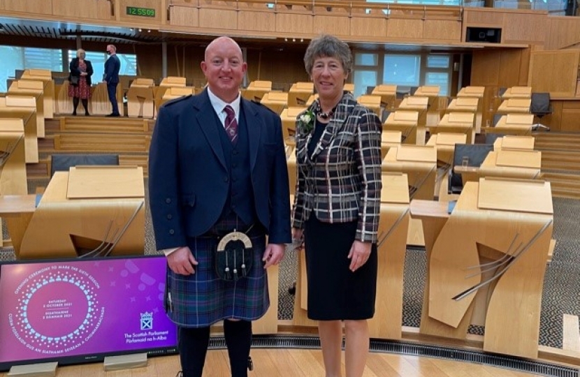 Local Hero Robert Allan with Liz Smith MSP at Opening of Scottish Parliament 2021