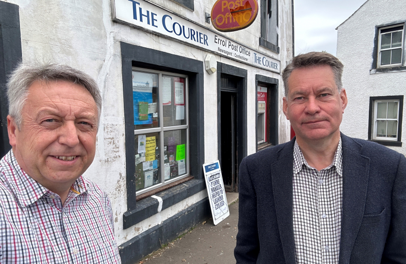 Councillor Angus Forbes and Murdo Fraser MSP outside Errol post office