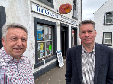 Councillor Angus Forbes and Murdo Fraser MSP outside Errol post office